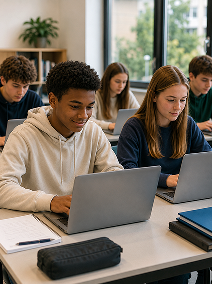 Leerlingen werken met een laptop in de klas
